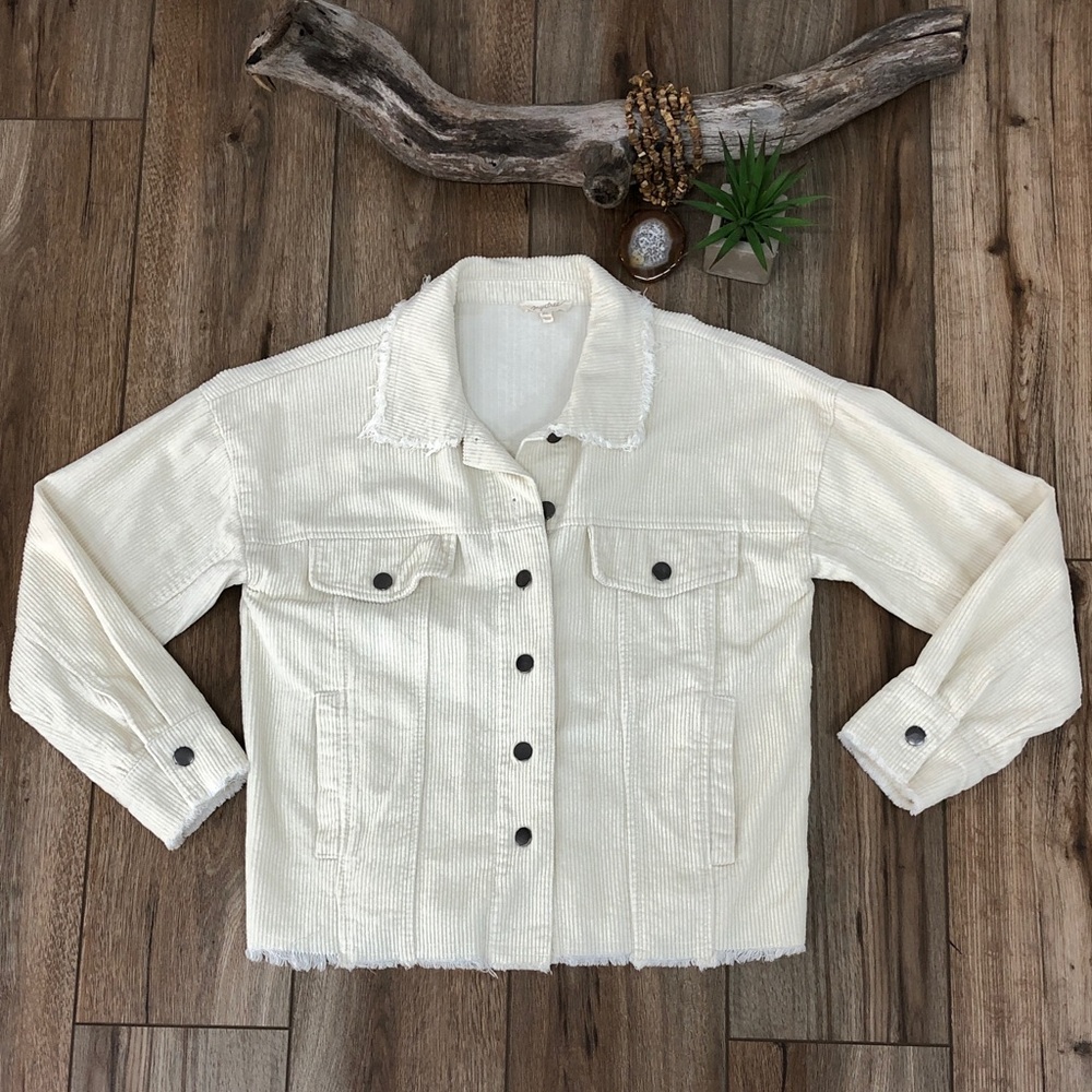 Mystree Winter White Corduroy Lightweight Shacket Barn Jacket with Fringe Hem